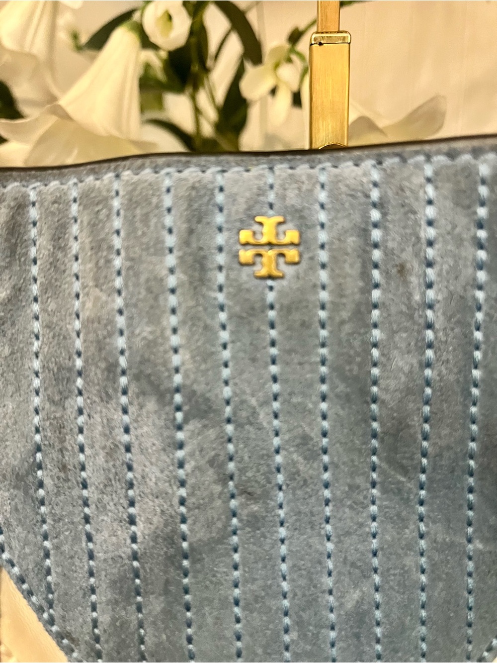 Tory Burch Patchwork suede blue and white Farrah tote - Picture 15 of 16